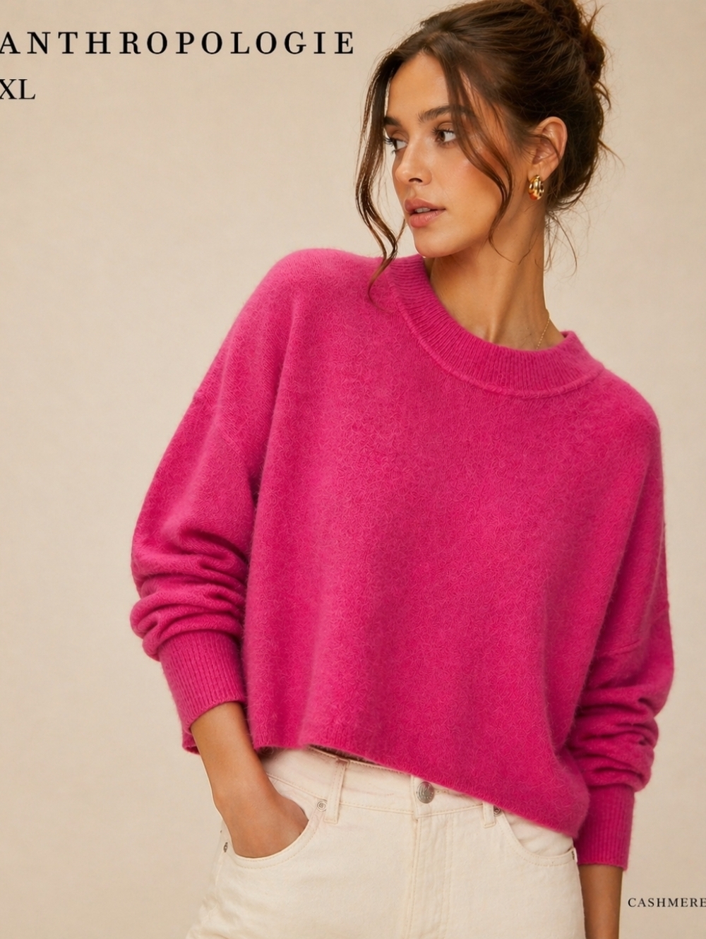 Anthropologie Cashmere Sweater XL Hot Pink 100% Cashmere Boxy Knit
